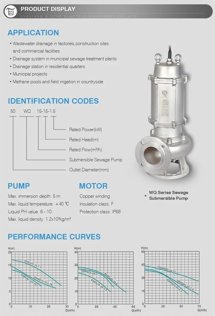 Good Price 50WQ25-40-7.5S Submersible Sewage Drainage Stainless Steel Water Pump